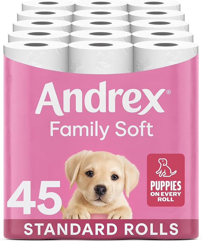 Andrex Family Soft Toilet Tissue 45 Rolls - Gentle on your Family’s skin– Bulk Pack of 45 Toilet Rolls, FSC Certified